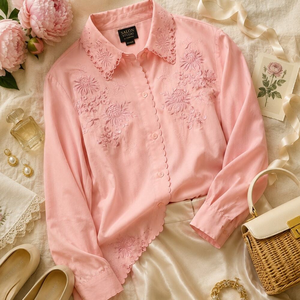 Vintage Pink Floral Embroidered Scalloped Trim Button Front Blouse size Medium - Picture 3 of 12